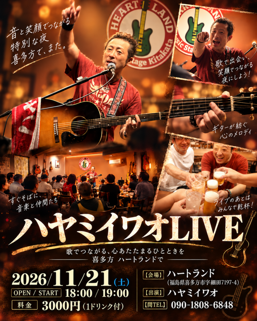 ハヤミイワオLIVE in 喜多方ハートランド 2026年11月21日（土） ハートランド ライブチラシ1